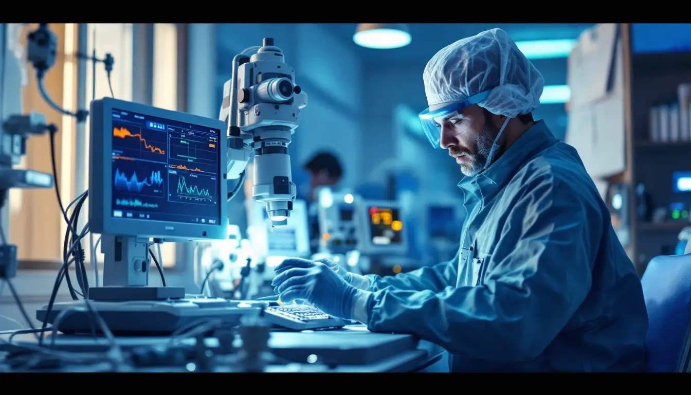 یک مهندس پزشکی در حال کار با یک دستگاه